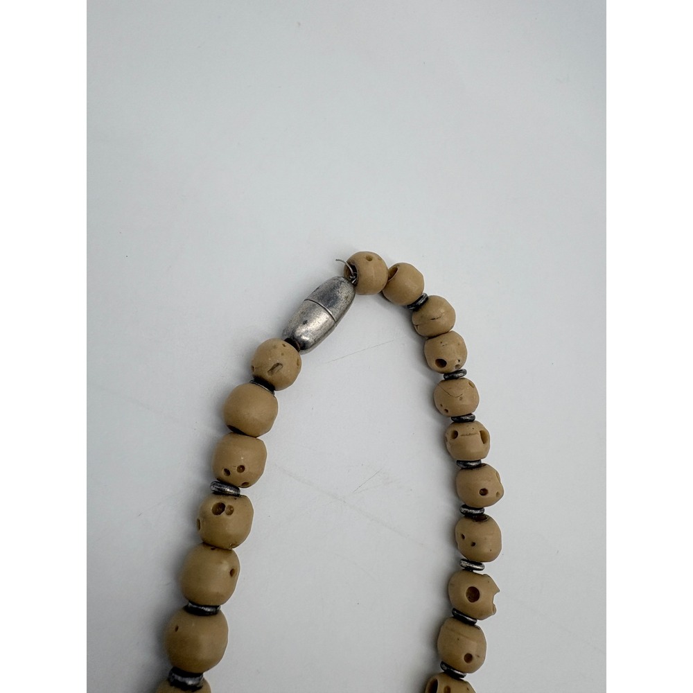 Boho Artisan Tan Carved Bead Necklace Silver Tone Ornate Metal Accents 28 Inch - Picture 8 of 11